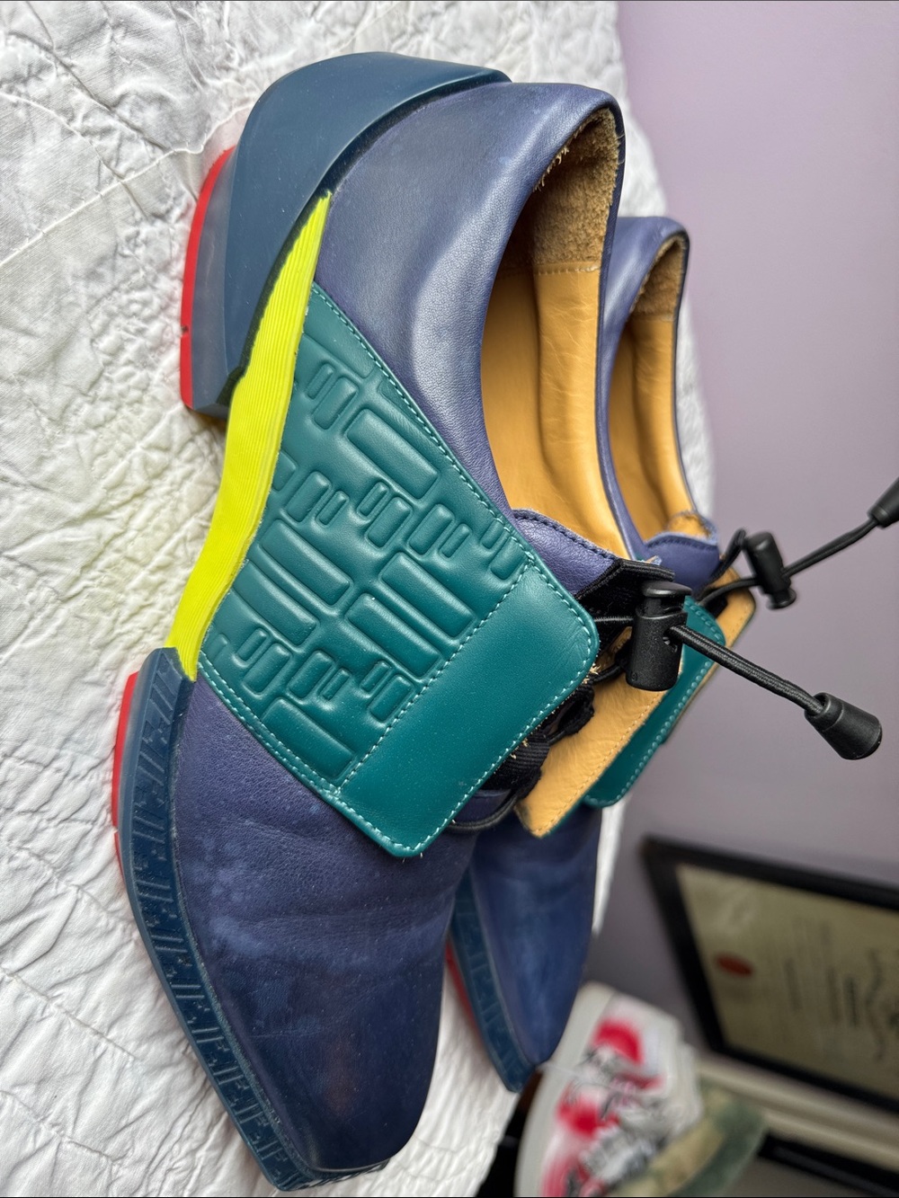 John Fluevog Navy, Green, and Yellow Leather Oxfords - Picture 2 of 13